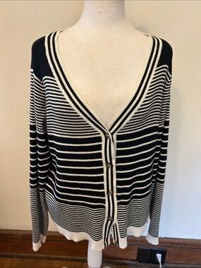 Cyrus Striped V-Neck Button-Up Cardigan Black & White Size L EUC